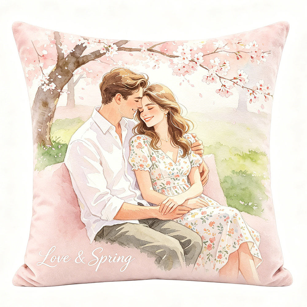 "Love & Spring" watercolor couple pillow, cherry blossom park design, personalized romantic throw pillow, premium soft velvet pillow, unique couple keepsake for spring weddings