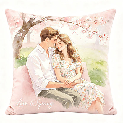 "Love & Spring" watercolor couple pillow, cherry blossom park design, personalized romantic throw pillow, premium soft velvet pillow, unique couple keepsake for spring weddings