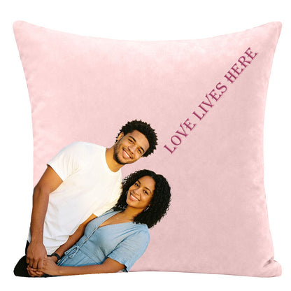 Personalized couple photo pillow with "LOVE LIVES HERE" quote, romantic custom home decor pillow, premium personalized throw pillow with couple portrait, unique custom gift for couples