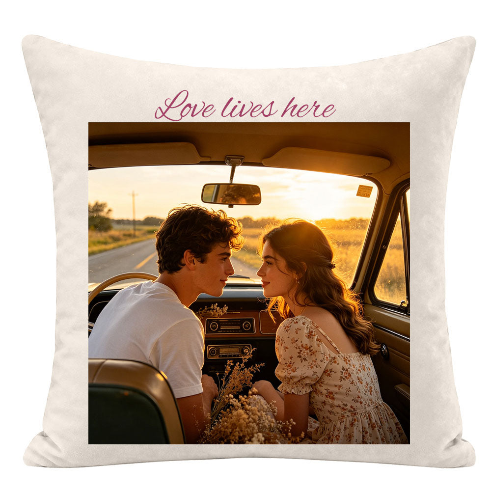 "Love lives here" custom couple pillow cover, framed photo of couple in a vintage car road trip at sunset, personalized keepsake for love, anniversary and Valentine's Day gift