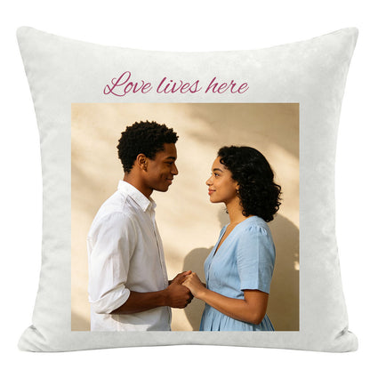"Love lives here" personalized couple pillow, framed photo of couple holding hands face-to-face, custom love quote pillow, romantic home decor