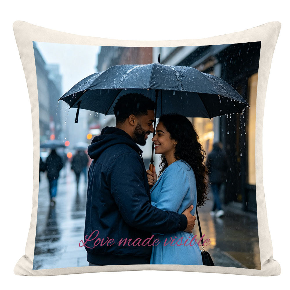 "Love made visible" custom couple pillow cover, framed photo of Black couple under umbrella in rainy city, personalized keepsake for love, anniversary and Valentine's Day gift