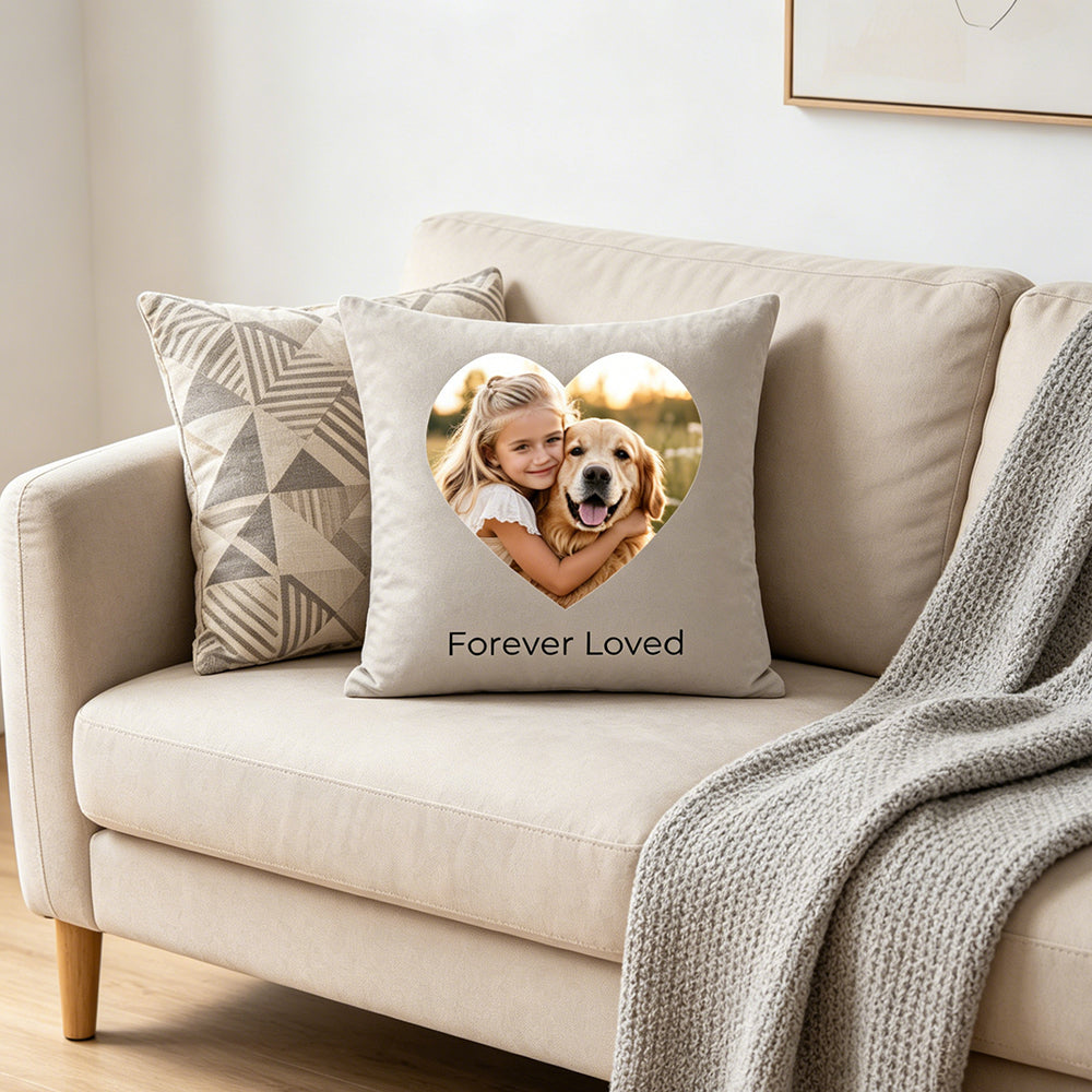 Luxury custom photo pillow cover on modern beige sofa, high-end home décor personalized keepsake