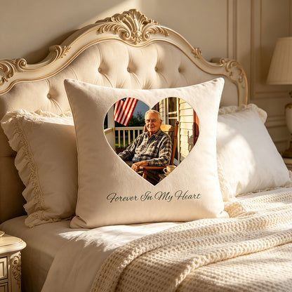 Custom memorial photo pillow styled on luxury bedroom bed, neutral cozy aesthetic
