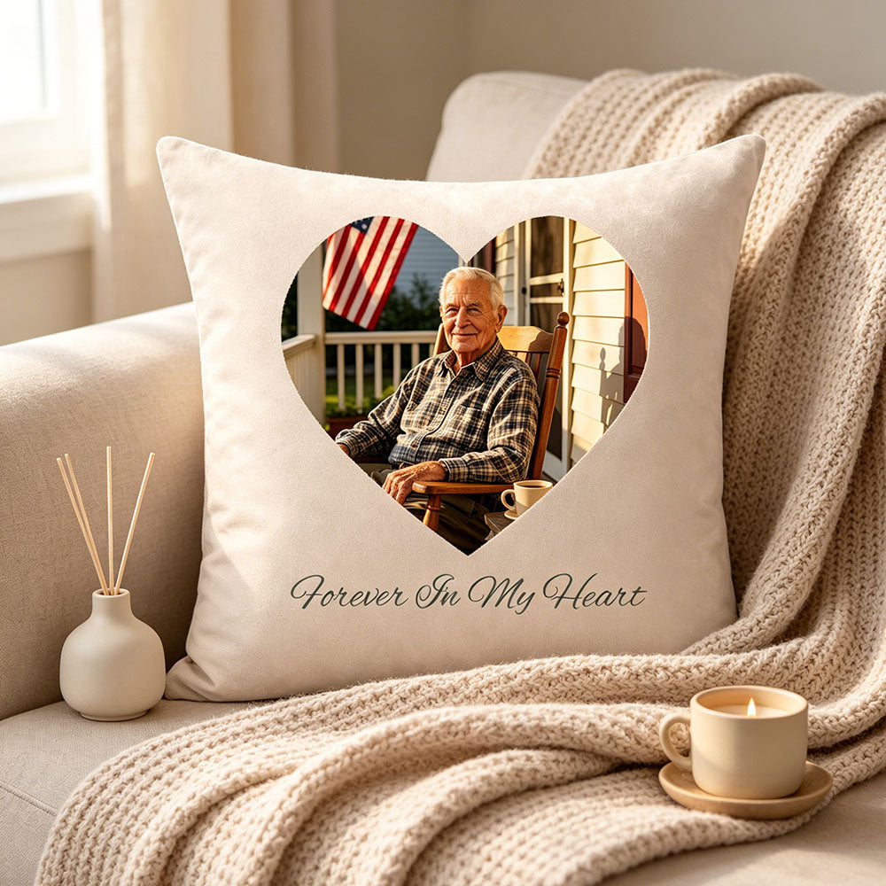 Curated home decor scene with custom memorial pillow and neutral accents