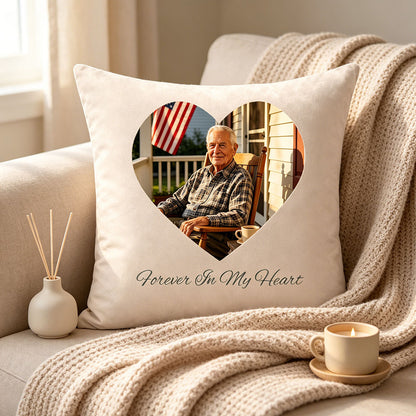 Curated home decor scene with custom memorial pillow and neutral accents