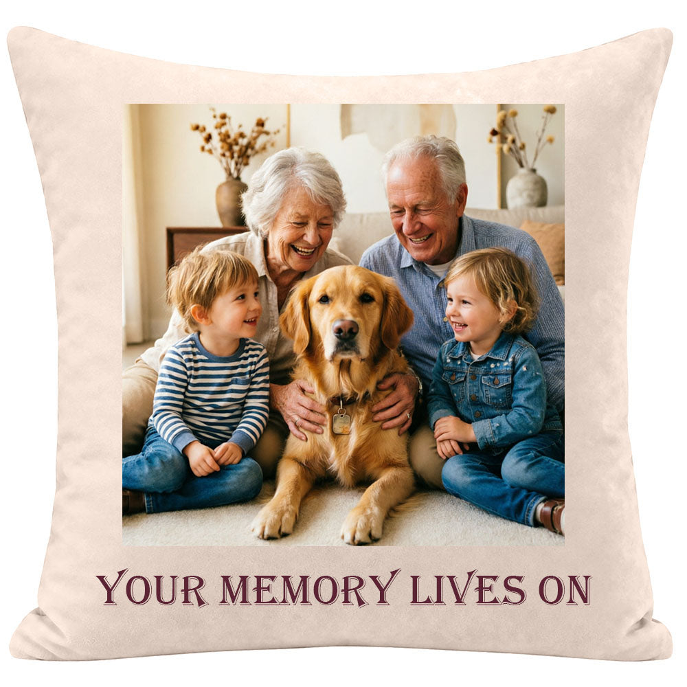 Personalized memorial throw pillow with a cozy family photo of grandparents, grandchildren, and a golden retriever dog, printed with "Your Memory Lives On", sympathy keepsake for remembering loved ones with family memories, soft cream fabric.