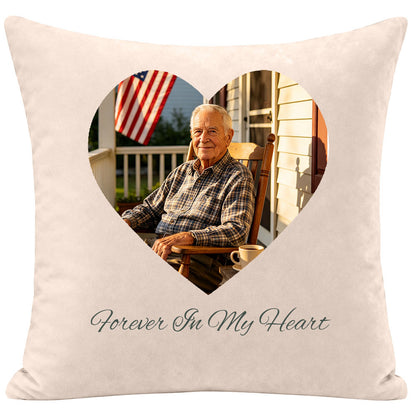 Close-up of "Forever In My Heart" embroidery on high-end memorial photo pillow