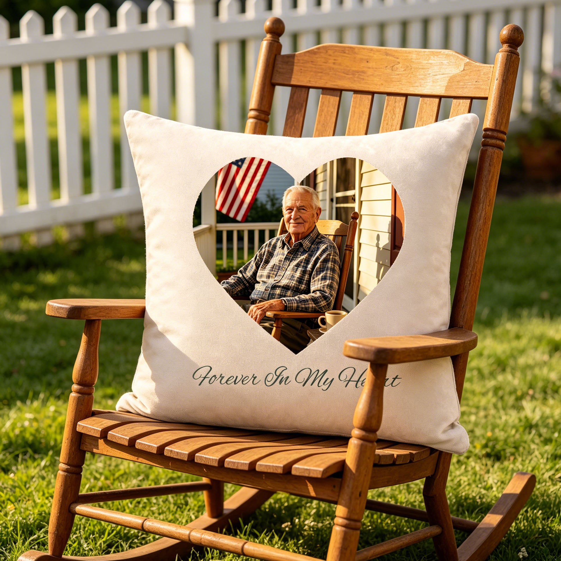Memorial photo pillow placed on porch rocking chair honoring beloved family member