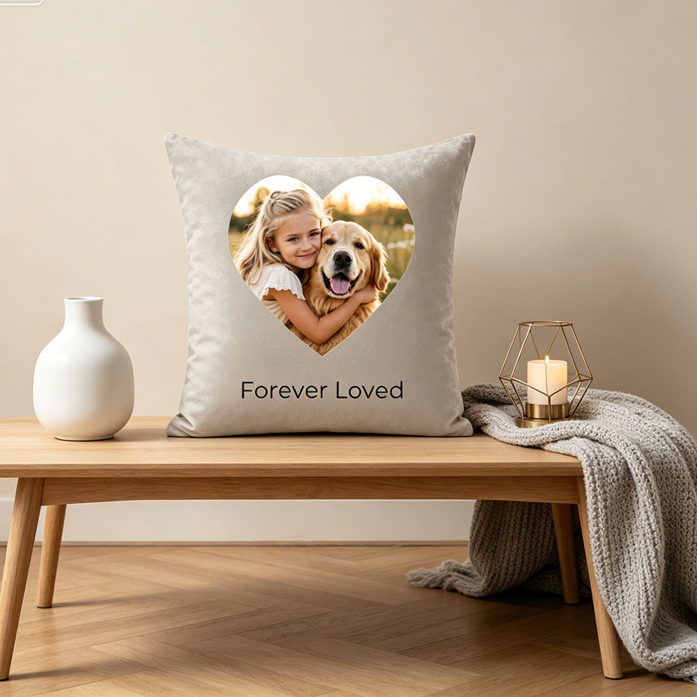 Minimalist coffee table styling with luxury custom photo pillow cover, high-end home décor