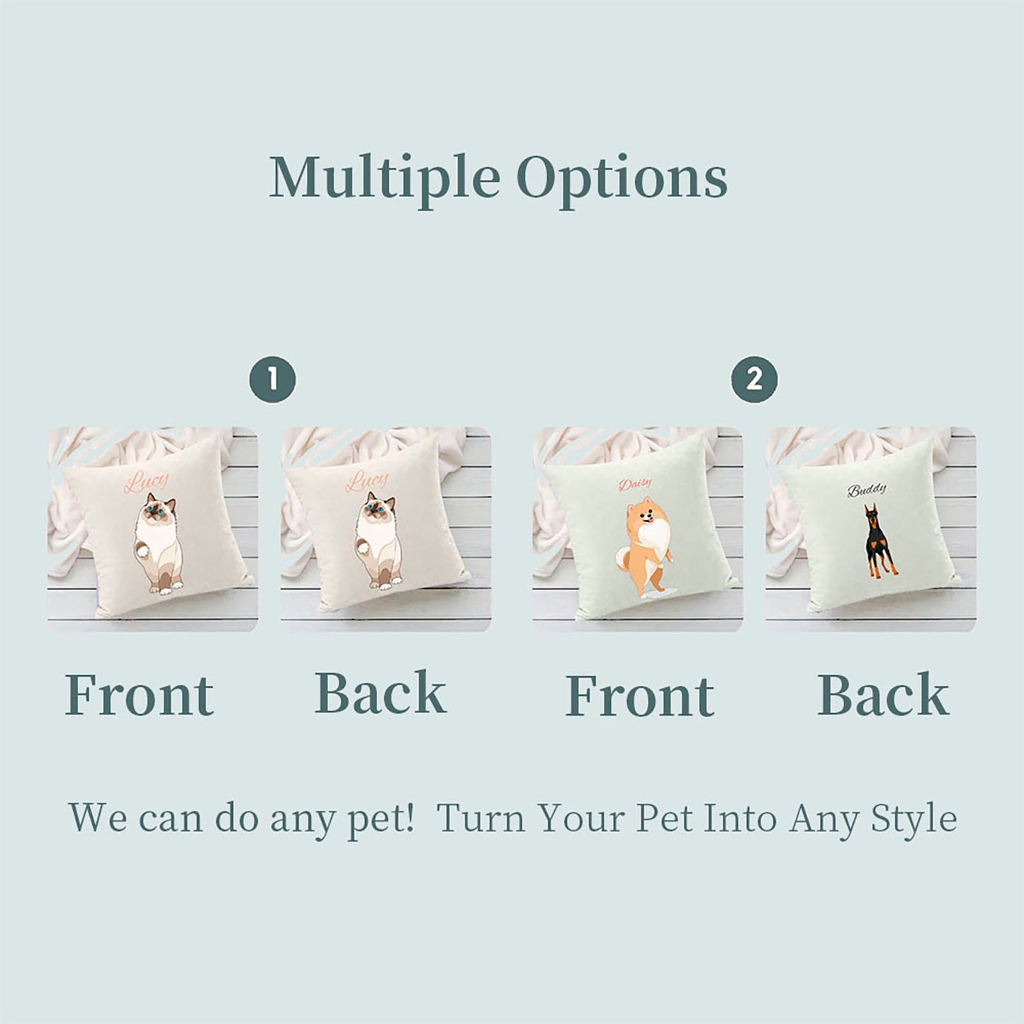 Infographic showing multiple custom pet pillow options, including cartoon-style cat and dog designs, with front/back views to demonstrate personalization possibilities for your baby and pet keepsake.