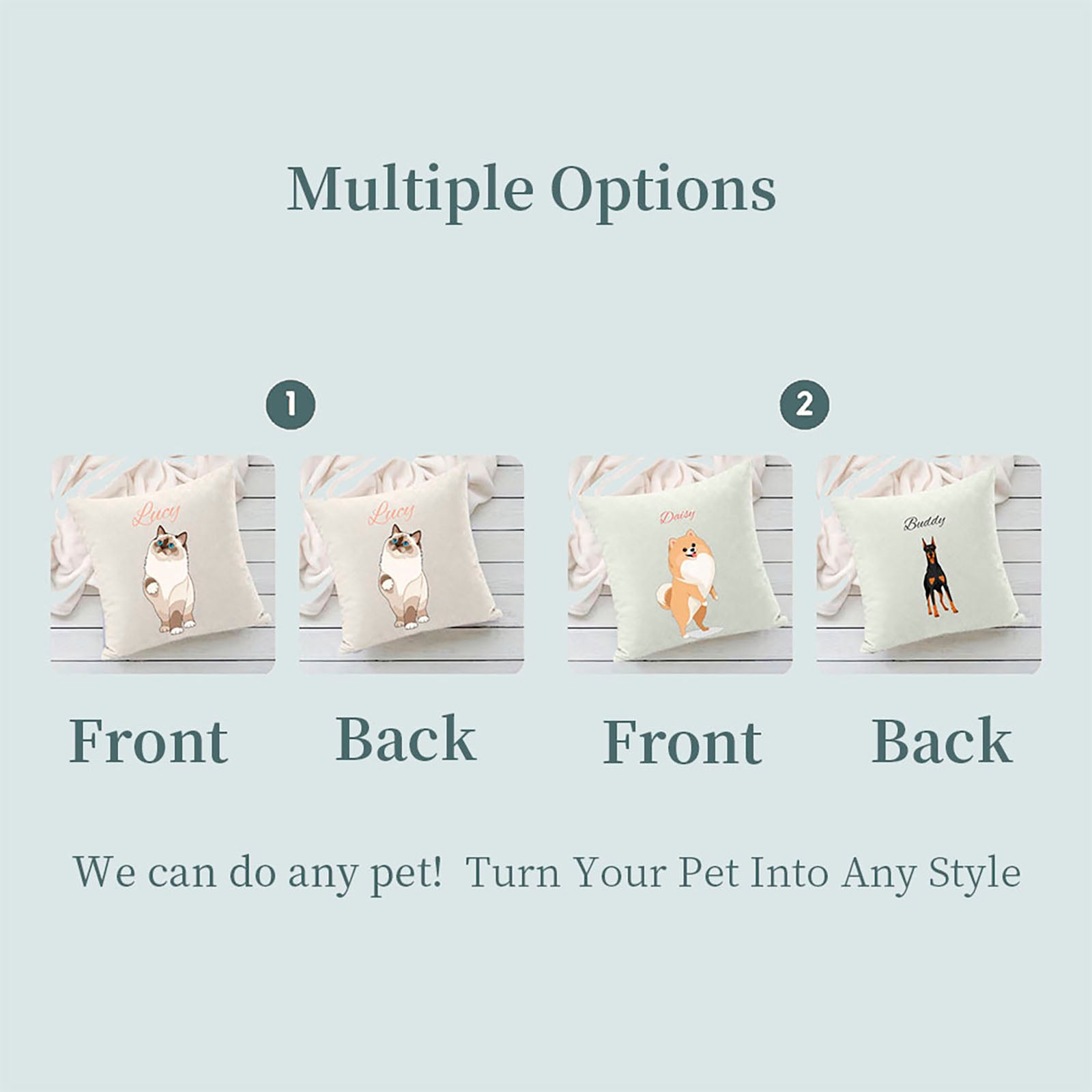 Infographic showing multiple custom pet pillow options, including cartoon-style cat and dog designs, with front/back views to demonstrate personalization possibilities for your baby and pet keepsake.