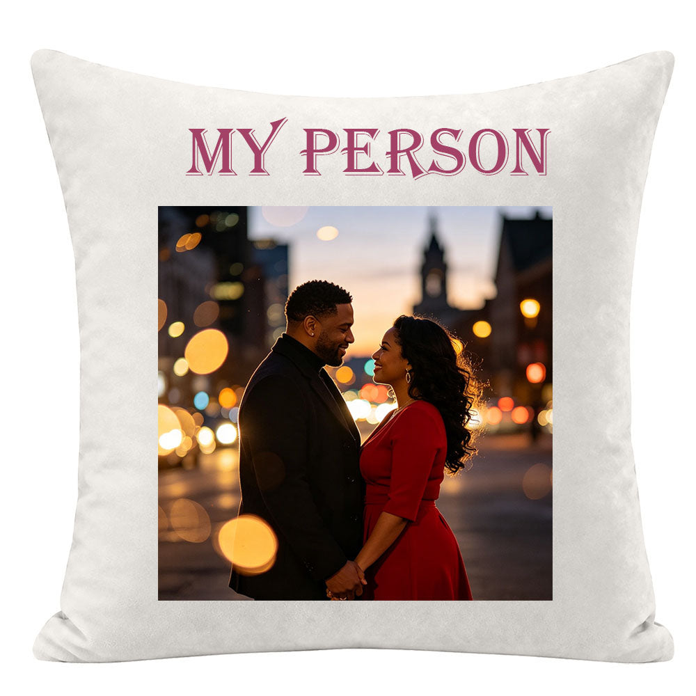 "My Person" custom couple pillow cover, city sunset bokeh lights background, Black couple holding hands, personalized love quote pillow, romantic home decor
