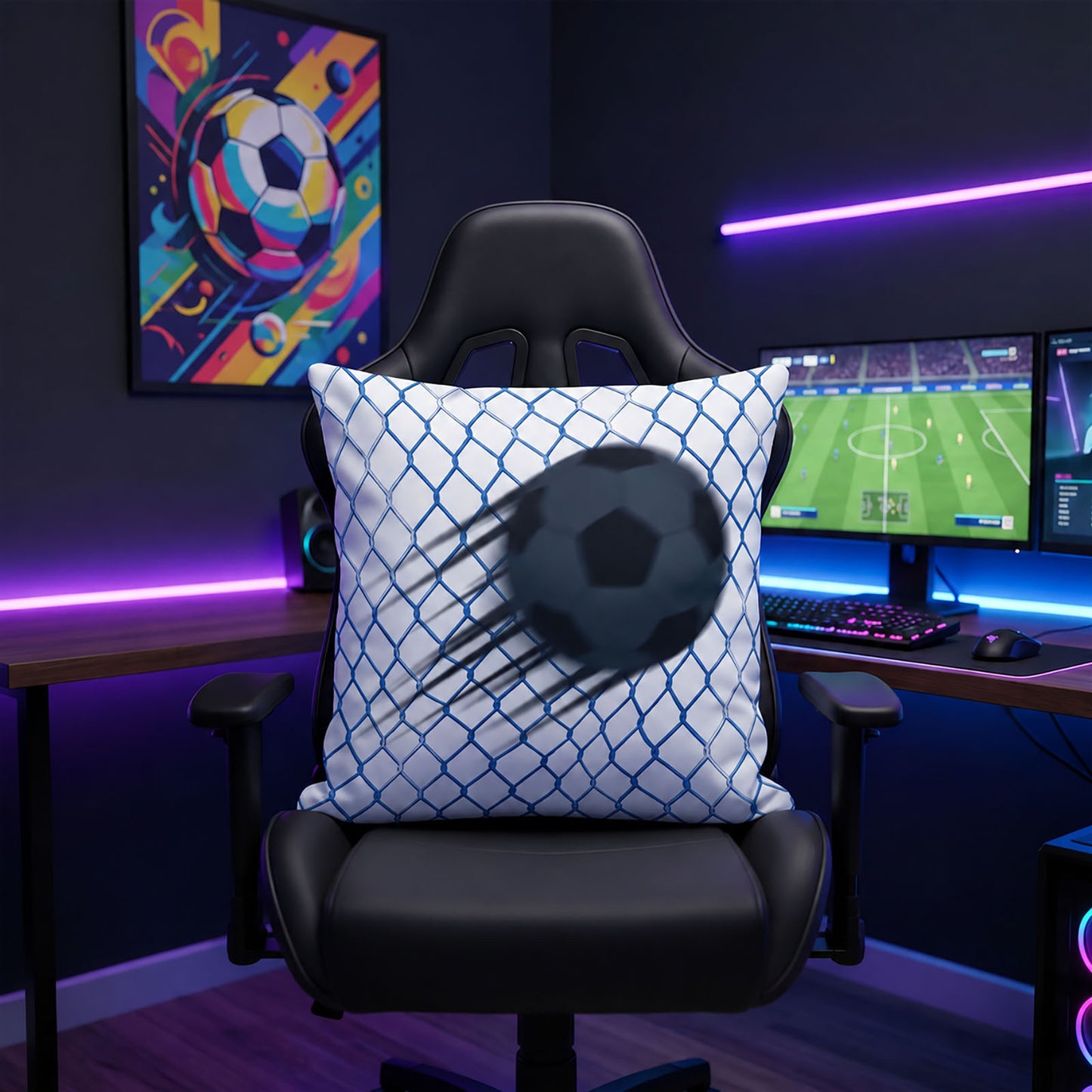 Blue soccer net graphic personalized cushion set on black gaming chair inside neon-lit esports room, World Cup game-night decor for football & gaming lovers, fully customizable with personal match-day snapshots.
