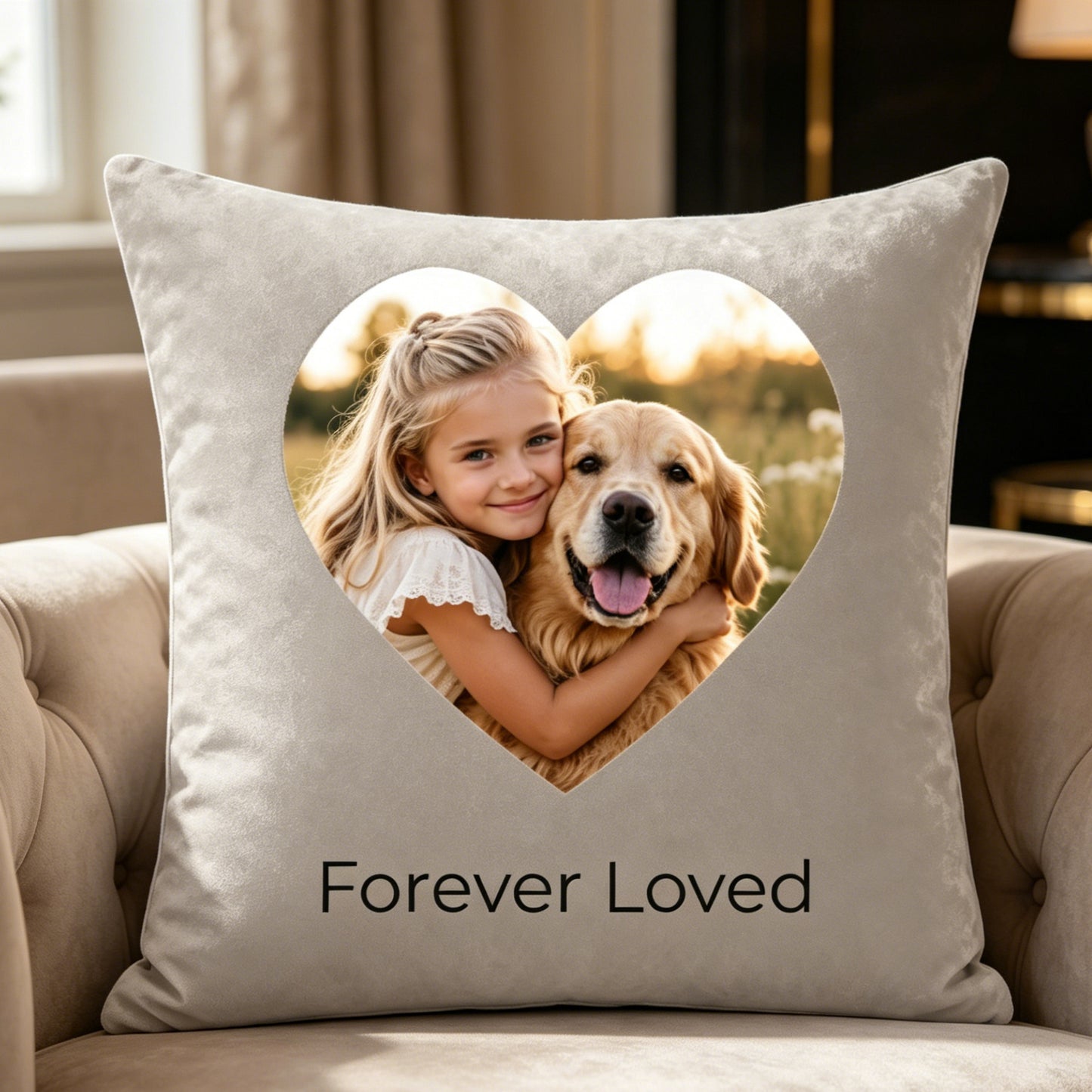 Custom photo pillow cover in neutral luxury interior, elegant personalized home décor cushion