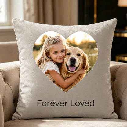 Custom photo pillow cover in neutral luxury interior, elegant personalized home décor cushion