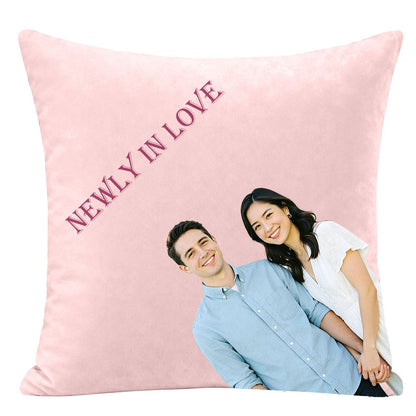 Custom couple photo pillow with "NEWLY IN LOVE" text, personalized engagement keepsake pillow, romantic newlywed custom portrait pillow, soft pink background premium custom home decor