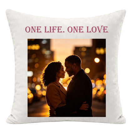 "ONE LIFE. ONE LOVE" custom couple pillow, golden hour city bokeh lights, couple embracing silhouette, personalized keepsake for love, couple gift