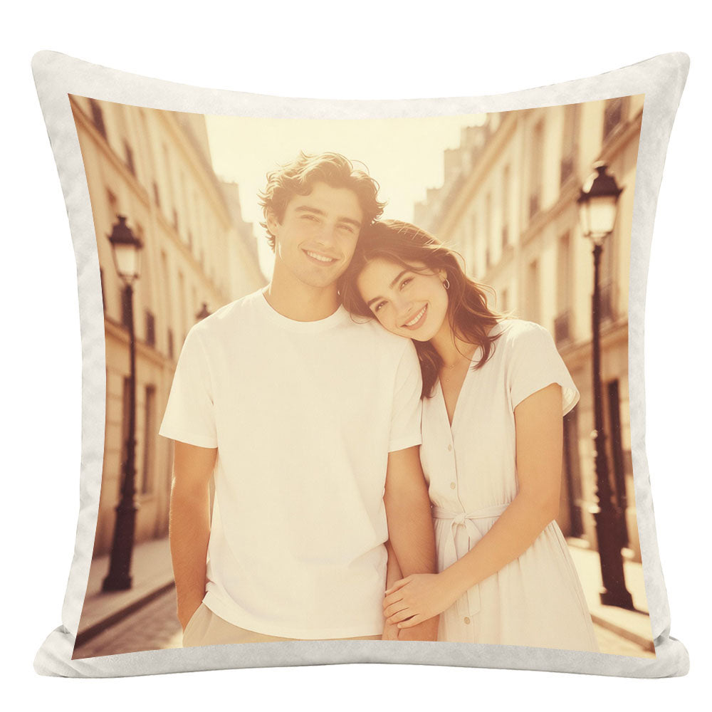 Parisian vintage style custom couple pillow, enhanced retro street photo aesthetic, personalized keepsake pillow with warm nostalgic tones