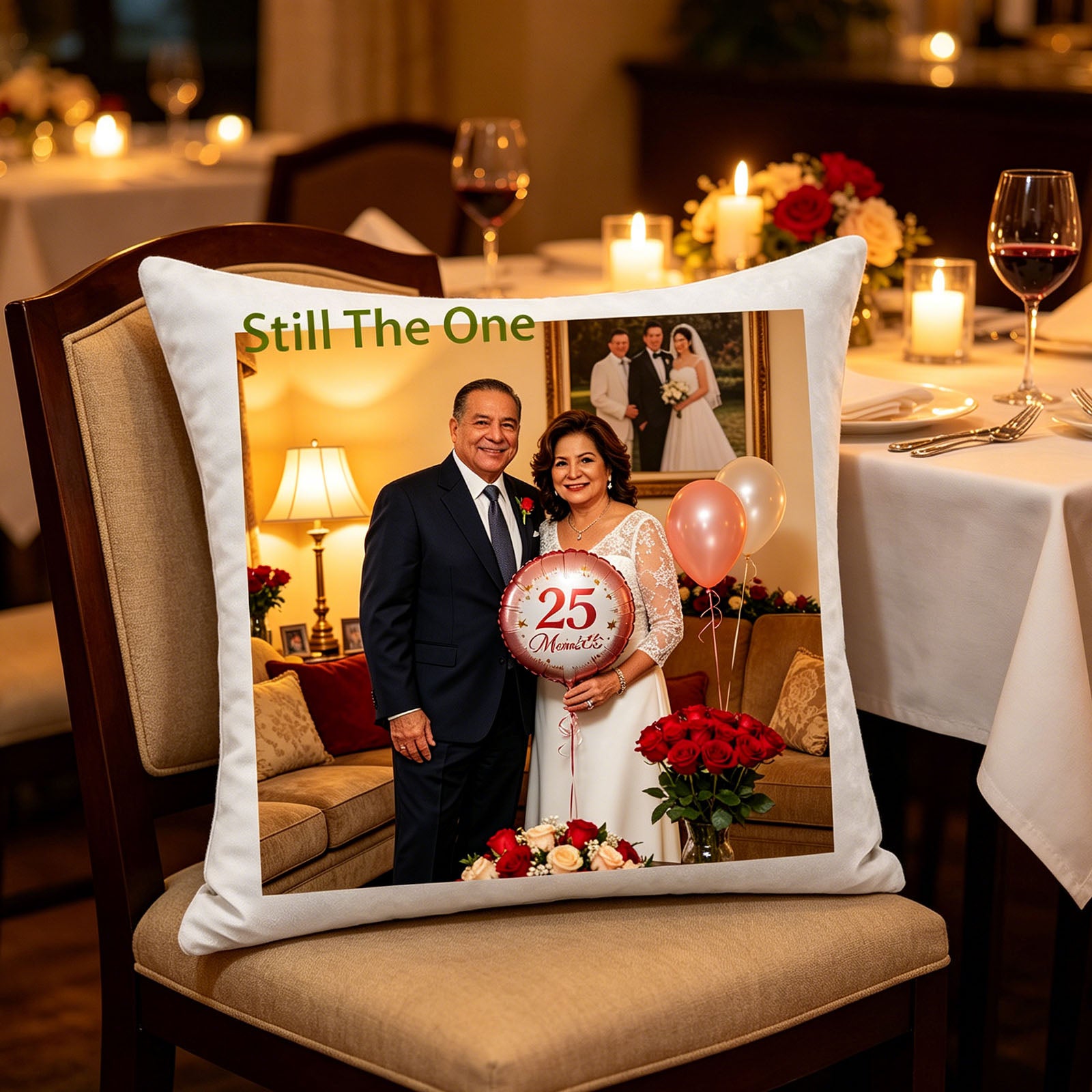 Custom wedding anniversary keepsake pillow resting on a restaurant chair at a romantic dinner table, surrounded by candles, wine glasses, and rose arrangements. A warm, elegant scene showing the pillow as a centerpiece for anniversary celebrations