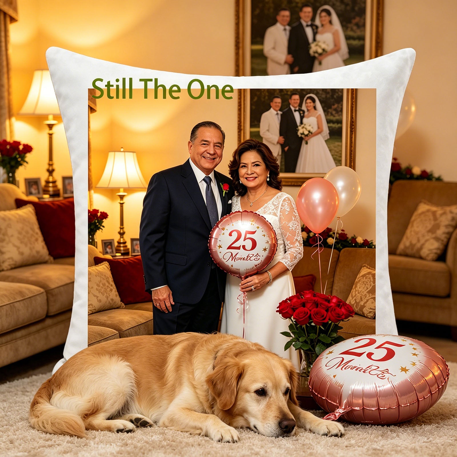 Custom wedding anniversary keepsake pillow resting on a cozy living room rug, with a sleeping golden retriever and matching anniversary balloon nearby. A warm, homey scene showing the pillow as part of family anniversary celebrations.