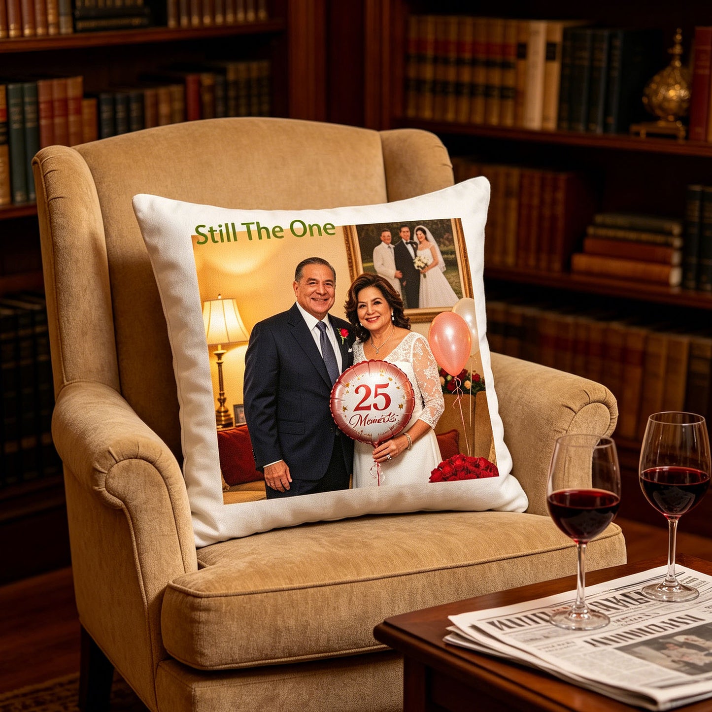 Custom wedding anniversary keepsake pillow resting on a classic armchair in a sunlit home library, with two glasses of red wine and a newspaper on the table. A cozy, intimate touch perfect for quiet anniversary evenings at home.