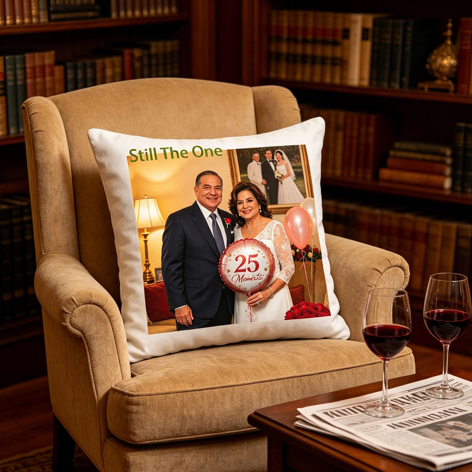 Custom wedding anniversary keepsake pillow resting on a classic armchair in a sunlit home library, with two glasses of red wine and a newspaper on the table. A cozy, intimate touch perfect for quiet anniversary evenings at home.