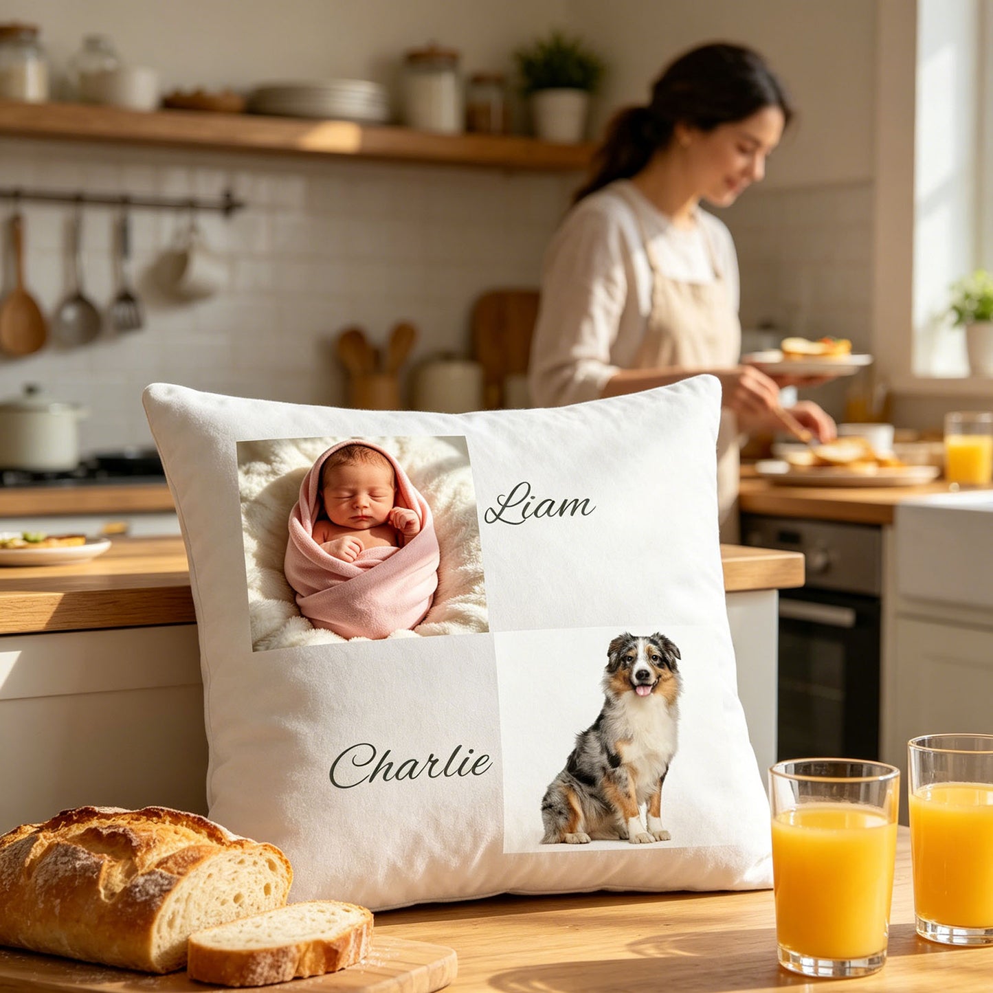 Custom baby and dog keepsake pillow resting on a sunlit kitchen counter, with a mother preparing breakfast in the background. A warm, homey scene showing the pillow as a reminder of family love in daily life.
