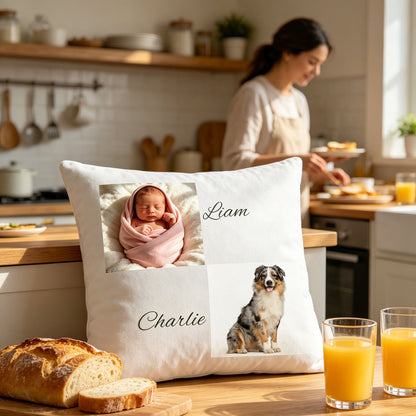 Custom baby and dog keepsake pillow resting on a sunlit kitchen counter, with a mother preparing breakfast in the background. A warm, homey scene showing the pillow as a reminder of family love in daily life.