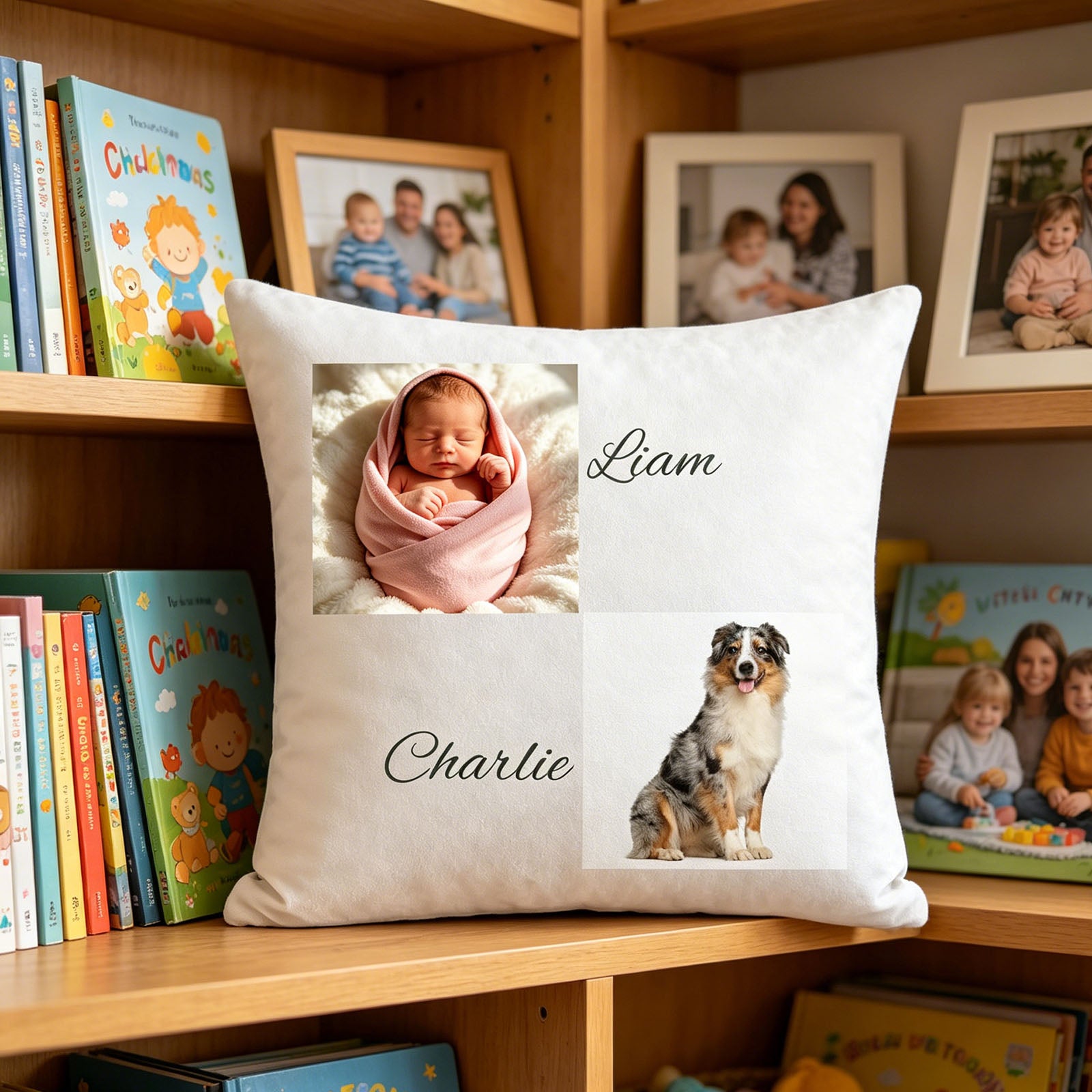 Custom baby and dog keepsake pillow resting on a wooden nursery bookshelf, surrounded by children’s books and framed family photos. A sentimental, personal touch showing the pillow as part of the family’s cherished memories.