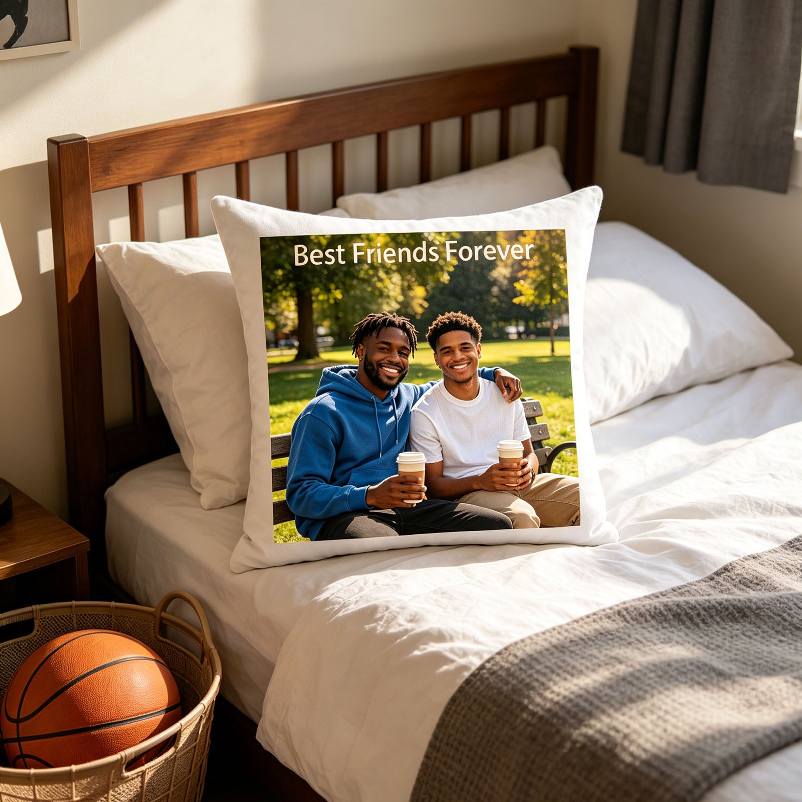 Custom best friends keepsake pillow resting on a sunlit bedroom bed, with a basketball nearby. A casual, nostalgic scene showing the pillow as a cozy reminder of friendship in a teen or young adult’s room.