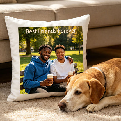 Custom best friends keepsake pillow on a soft living room rug, with a golden retriever curled up nearby. A warm, homey scene showing the pillow as part of everyday life with friends and family.