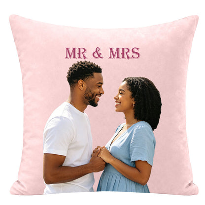 Custom personalized couple photo pillow with "MR & MRS" text, soft pink velvet background, romantic wedding gift for newlyweds, personalized throw pillow with couple portrait, premium custom wedding keepsake decor