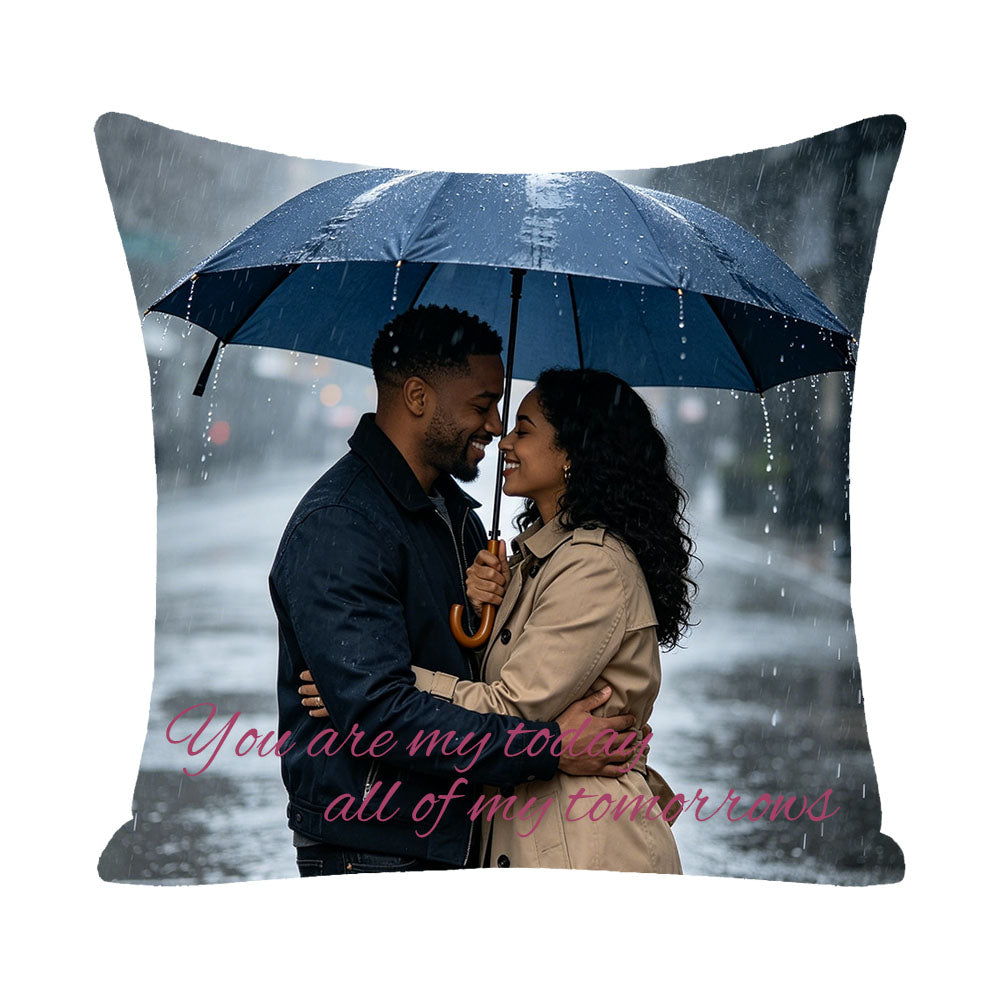 Personalized couple photo pillow with "You are my today, all of my tomorrows" text, Black couple hugging under umbrella in rainy street, romantic keepsake for couples, custom home decor