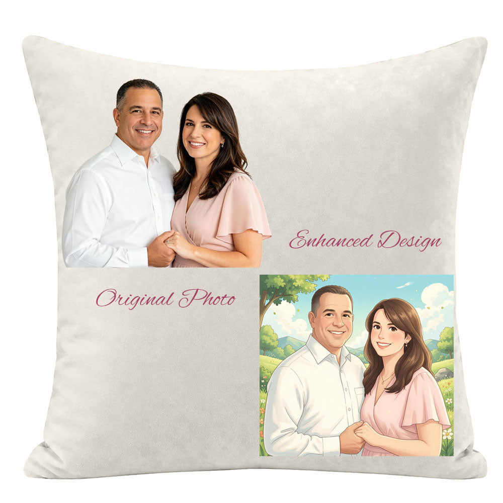 Personalized couple pillow with hand-drawn cartoon illustration style, original photo converted to whimsical art, ideal anniversary gifts