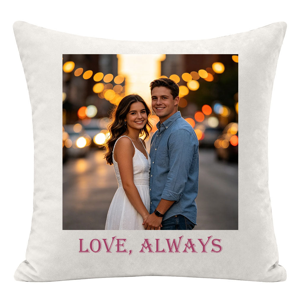 Personalized couple photo pillow with "LOVE, ALWAYS" text, city street sunset bokeh lights, couple holding hands, romantic keepsake for couples, home decor gift