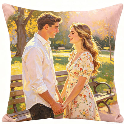 Personalized couple pillow, oil painting style couple holding hands on autumn park bench