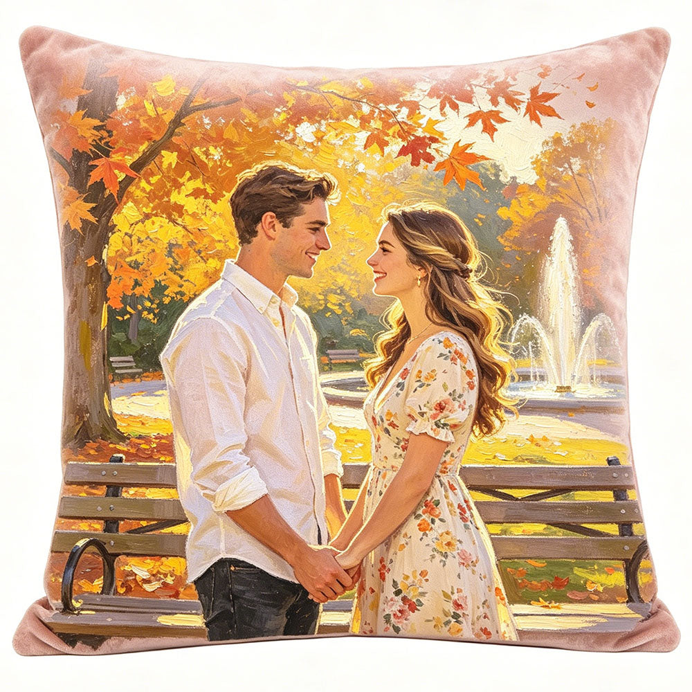 Personalized couple portrait pillow, oil painting style romantic love scene in rose garden