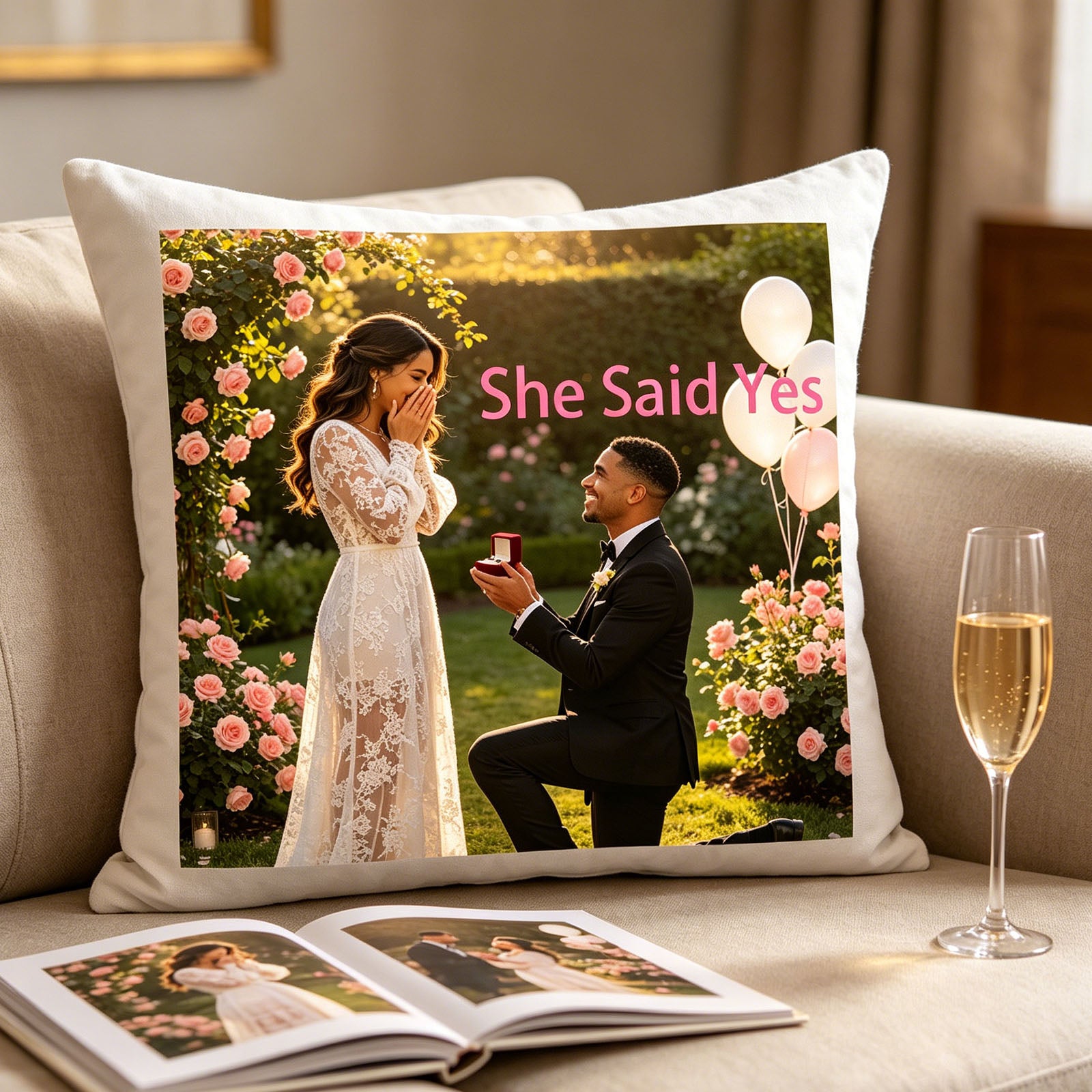 Custom engagement keepsake pillow resting on a cozy beige living room sofa, next to a glass of champagne and an engagement photo album. A warm reminder of the couple’s special proposal moment in everyday home life.