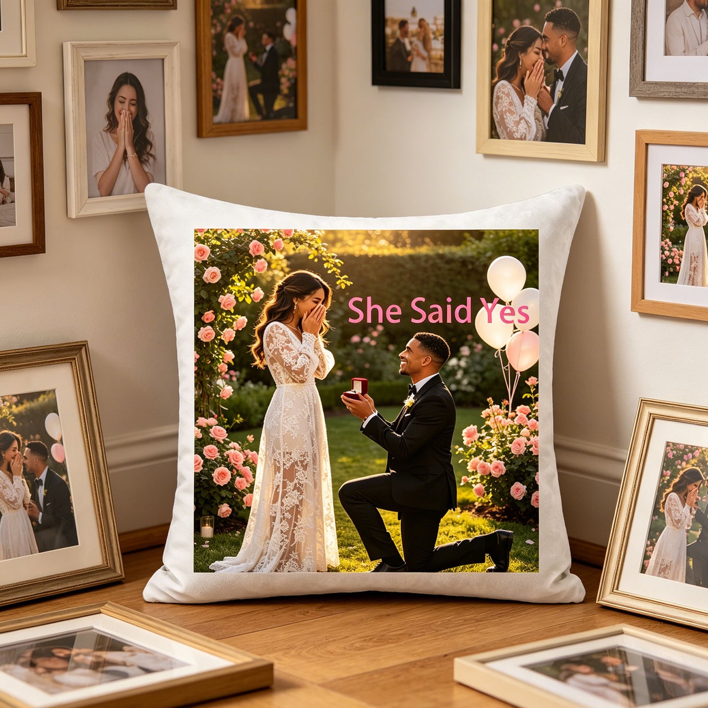 Custom engagement photo pillow displayed on a wooden floor, surrounded by framed engagement and couple photos. Blends seamlessly with a couple’s memory wall, making it a beautiful addition to any home.