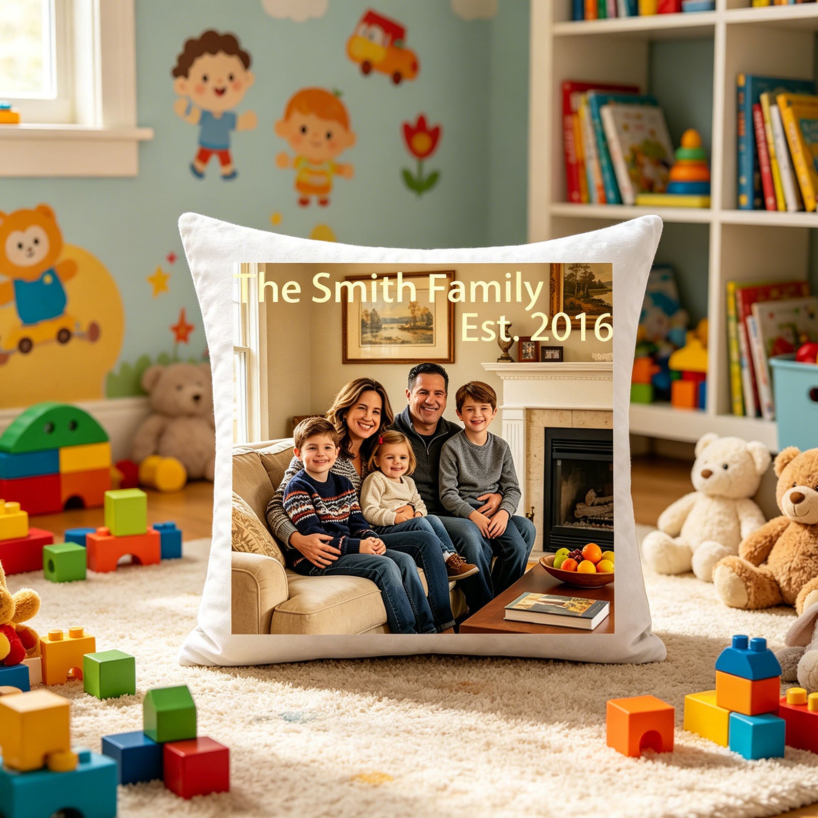 Custom family photo pillow placed in a bright kids playroom, surrounded by toys and teddy bears. Ideal for nursery decor, adding warmth and personalization to a child’s space.
