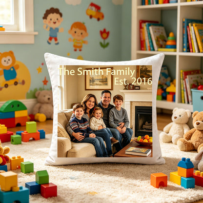 Custom family photo pillow placed in a bright kids playroom, surrounded by toys and teddy bears. Ideal for nursery decor, adding warmth and personalization to a child’s space.