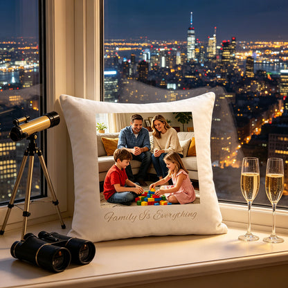 Custom family keepsake pillow resting on a windowsill overlooking a glowing city skyline at night, with a telescope and champagne flutes nearby. A romantic, memorable touch celebrating family love against the city lights.