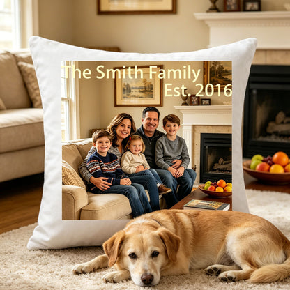 Custom family photo pillow on a soft living room rug, with a golden retriever lying nearby. A cozy, warm scene showing the pillow as part of everyday family life
