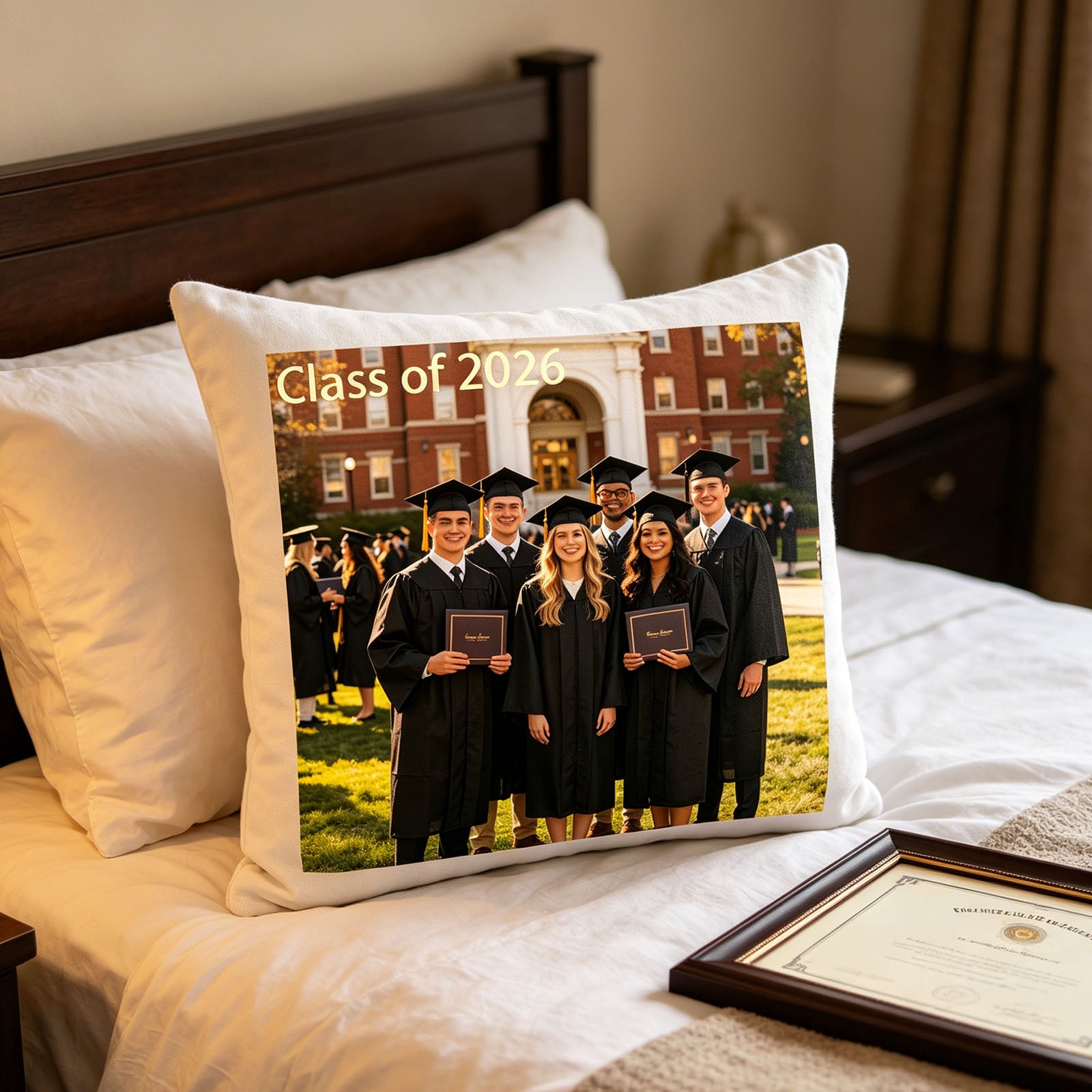 Custom graduation keepsake pillow placed on a plush white bed, next to a framed diploma. A sentimental addition to the graduate’s bedroom, celebrating their academic milestone.