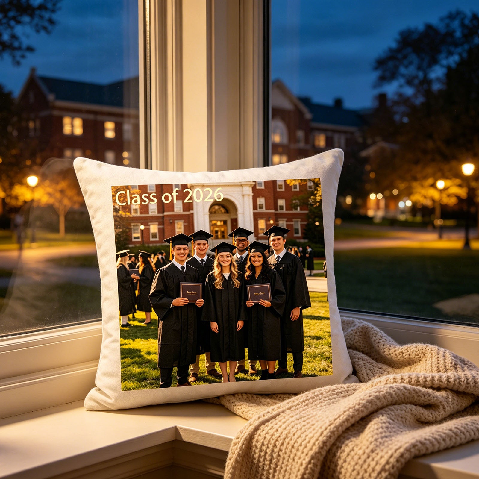 Custom graduation keepsake pillow resting on a sunlit windowsill, with a view of the college campus at dusk. A nostalgic touch for graduates moving into their new homes or apartments.
