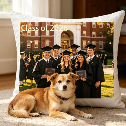 Custom graduation keepsake pillow on a soft living room rug, with a family dog lying nearby. A warm, everyday scene showing the pillow as part of the graduate’s new chapter at home.