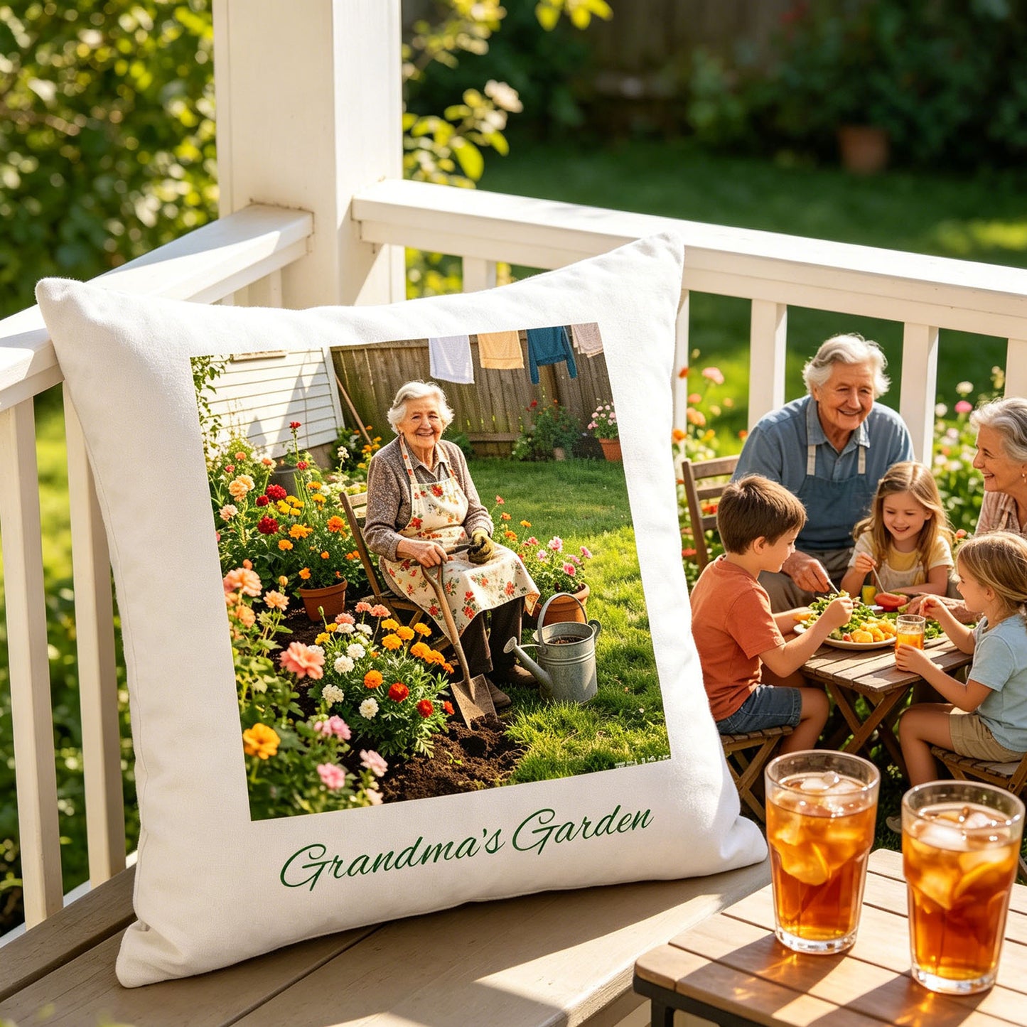Custom Grandma's Garden keepsake pillow resting on a wooden porch railing, next to a family barbecue with iced tea glasses. A cheerful, summery scene showing the pillow as part of family gatherings in the garden that Grandma loved.
