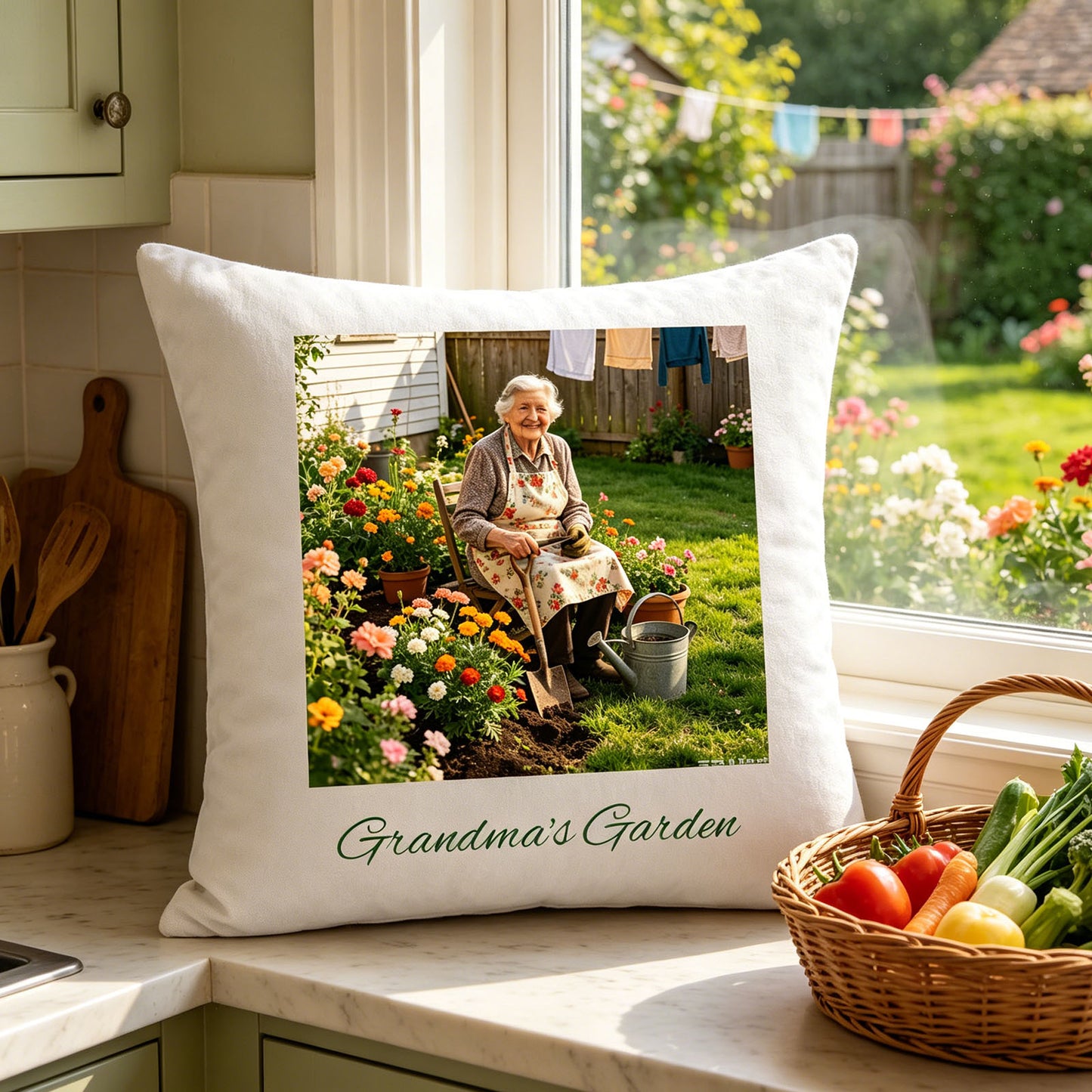 Custom Grandma's Garden keepsake pillow resting on a sunlit kitchen counter, next to a basket of fresh garden vegetables. A warm, homey scene showing the pillow as a reminder of Grandma’s love and garden bounty in the heart of the home.