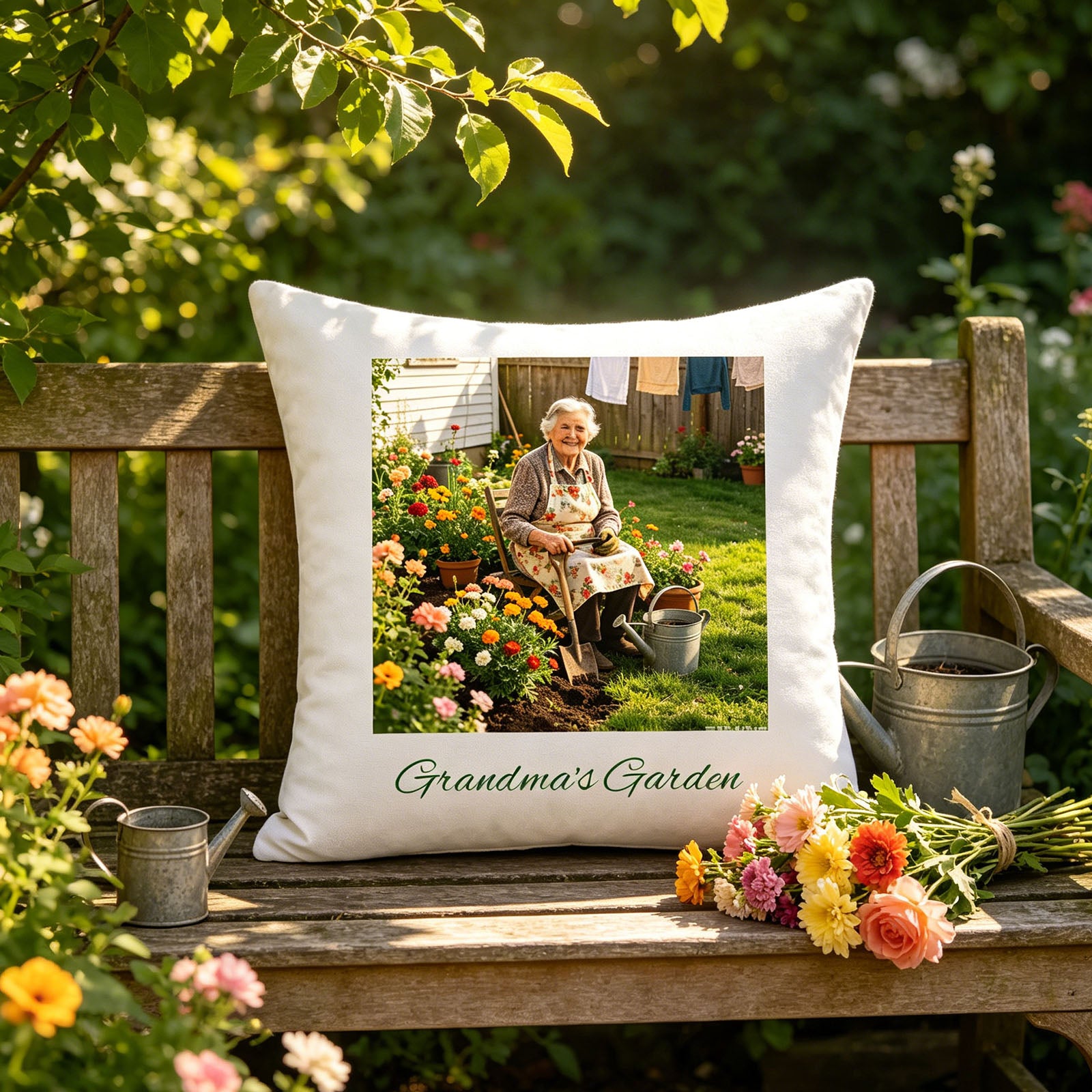 Custom Grandma's Garden keepsake pillow resting on a weathered wooden garden bench, next to a bouquet of fresh-cut flowers and vintage watering can. A nostalgic, peaceful scene celebrating Grandma’s love for her garden.